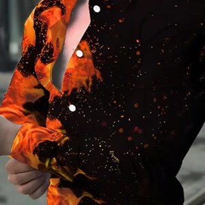 Stylish Flame 3D Pattern Print Men's Casual Long Sleeve Shirt, Men's Shirt For L